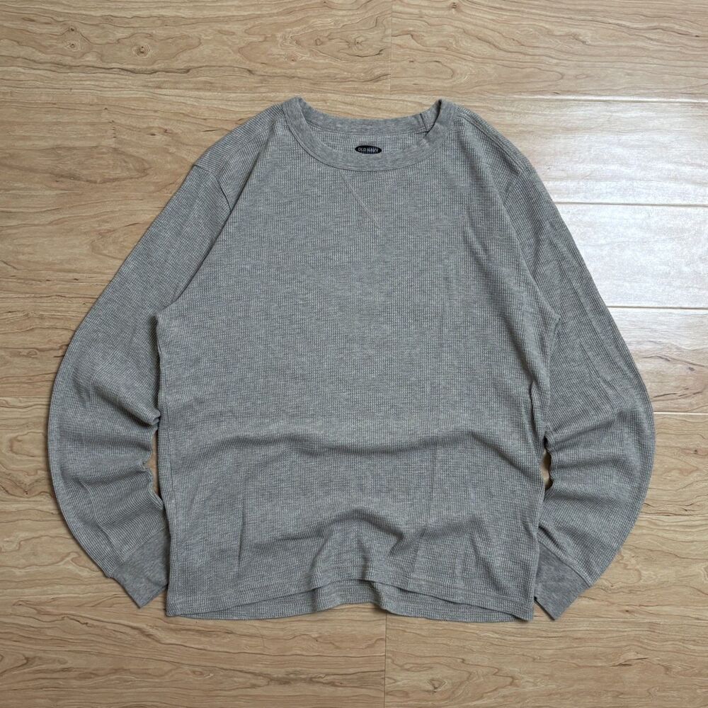 Old Navy Beige Waffle Knit Thermal Shirt Large Long Sleeve Crewneck Soft Washed
